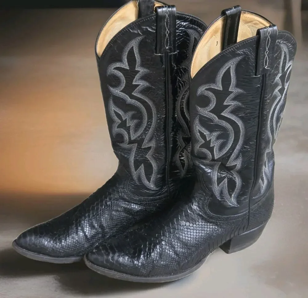 CS Vintage Tony Lama black python skin Men's US 10D cowboy boots